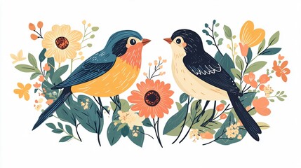 Adorable birds couple with charming flowers - Sweet nature characters