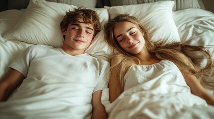 Peaceful Morning: Young Couple Sleeping Serenely in Bed