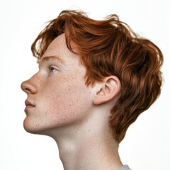 Obraz premium Side profile of a young red-haired man with freckles, looking upward, showcasing natural beauty and individuality against a white background