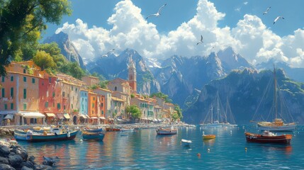 Mediterranean Coastal Town Nestled Amongst Majestic Mountains