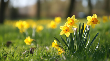 Fototapeta premium Yellow Daffodils Blooming in a Sunlit Meadow