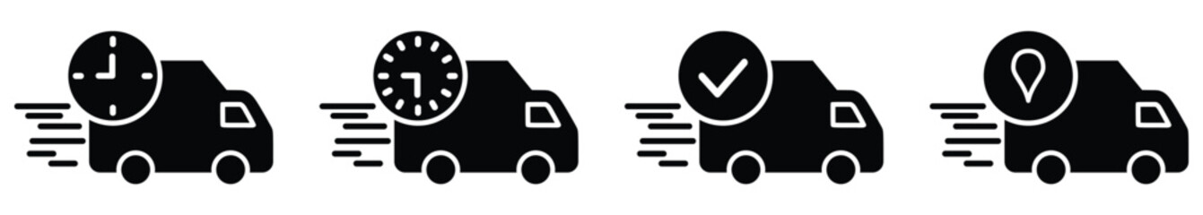 Delivery service line icons. Delivery truck. Logistics delivery flat icons set. Express delivery. Fast shipping. Shipment of goods, tracking, approved parcel. Vector Illustration.