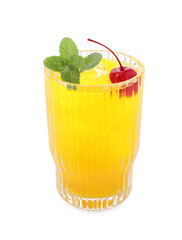 Tasty pineapple cocktail with mint and cherry in glass isolated on white