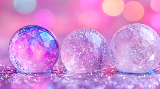 A surreal scene of glowing 3D spheres and polyhedrons partially submerged in a reflective liquid surface, with rippling patterns creating a dreamlike aesthetic 