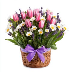 Obraz premium A vibrant flower bouquet in a wicker basket with a purple ribbon.