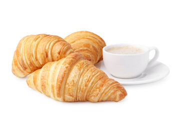 Tasty fresh croissants and cup of coffee isolated on white. Puff pastry
