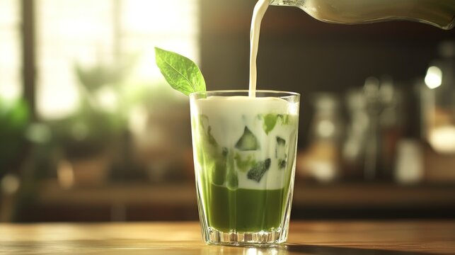 Milk pouring into iced matcha latte with green leaf garnish.