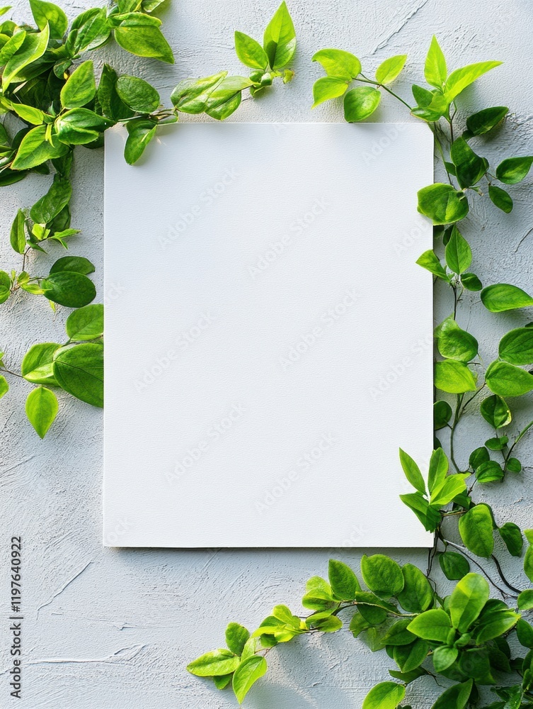 Leinwandbilder creative mock up with empty copy space surrounded by fresh green leaves on a textured wall for desig