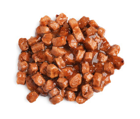 Pieces of wet pet food isolated on white, top view