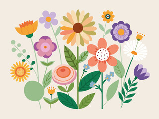 Flat Design Colorful Flowers with Minimalist Geometric Shapes for Botanical Illustrations