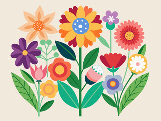 Flat Design Colorful Flowers with Minimalist Geometric Shapes for Botanical Illustrations