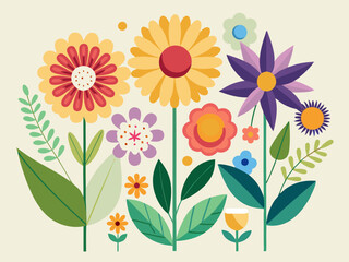 Flat Design Colorful Flowers with Minimalist Geometric Shapes for Botanical Illustrations