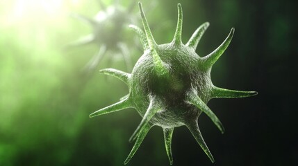 Obraz premium virus and biohazard concept. Microscopic view of a star-shaped microorganism with a soft green background.