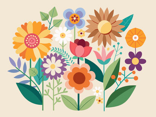 Flat Design Colorful Flowers with Minimalist Geometric Shapes for Botanical Illustrations