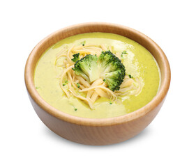 Delicious broccoli cream soup in bowl isolated on white