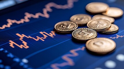 Digital Blue Graph of Coins and Chart Lines Representing Financial Trends, Stock Market, Financial Services, Precision, Wealth, Luxury, Finance Industry