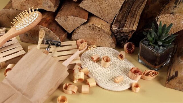 Eco materials such as wooden brushes, razors, and logs emphasize organic living. Rustic grooming tools offer eco self-care, showcasing natural wellness, minimalism, and healthy lifestyle values.