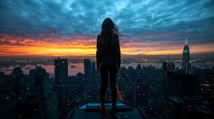 Fototapeta premium A girl stands with her back to the camera on top of a skyscraper, gazing over a panoramic view of tall city buildings. Her stance reflects adventure, freedom, and a sense of urban exploration.