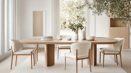 Fototapeta premium Modern dining room with wooden table and white chairs, featuring elegant decor and natural light. serene atmosphere is created by minimalist design and greenery