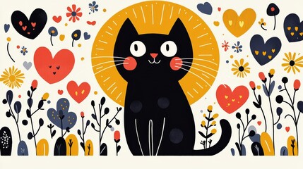 Fototapeta premium Cute black cat surrounded by colorful flowers.