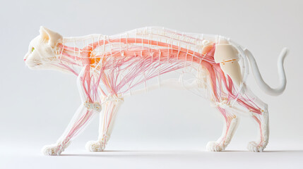 Anatomical model of cat showcasing internal structures and muscles, highlighting intricate details of feline anatomy. This educational model is ideal for biology studies
