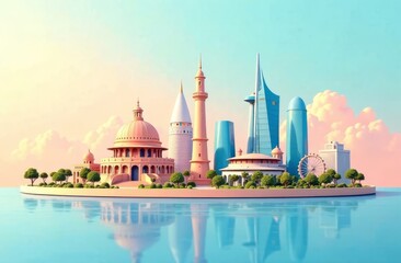 Fototapeta premium Flat design. Buildings of different cities of the world. Time to travel.