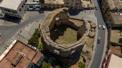 Aerial view of the temple of Venus located in the archaeological park of Baia, a hamlet of Bacoli, in the metropolitan city of Naples, in Campania, Italy. It was an octagonal thermal building. © Stefano Tammaro