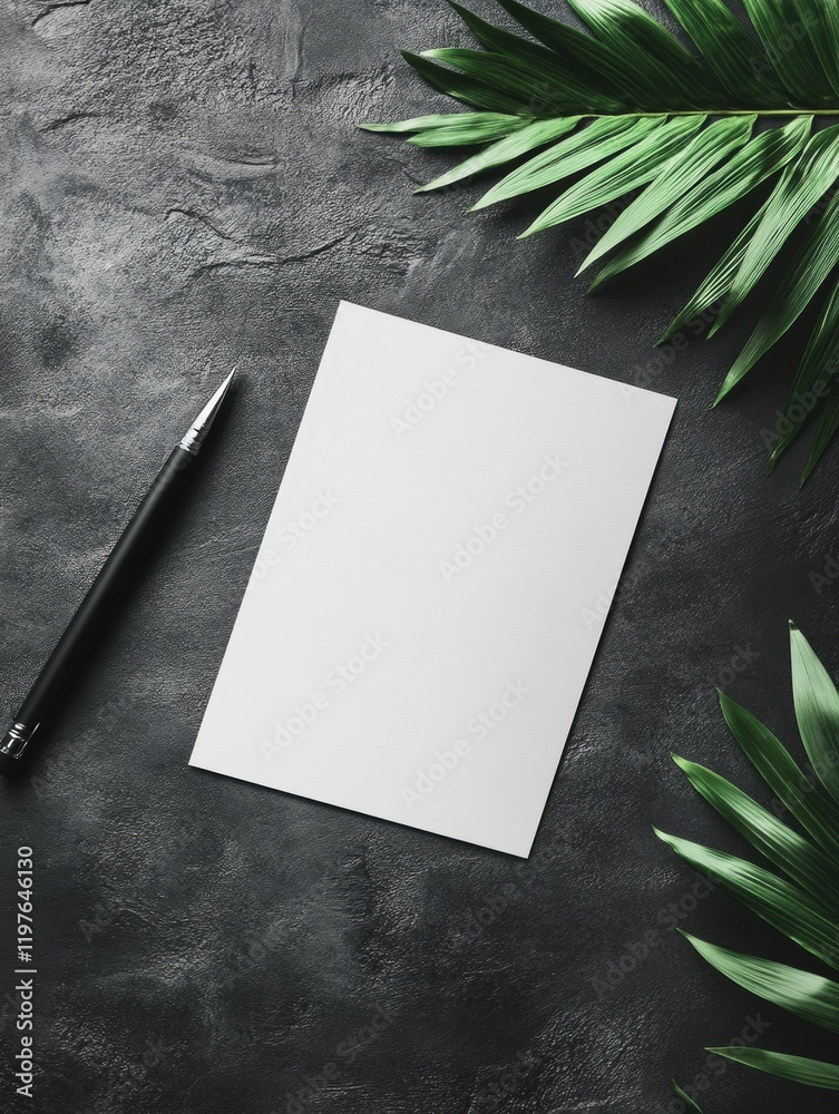 Poster blank notepad on dark surface with green leaves and pen ready for notes or creative ideas. generativ