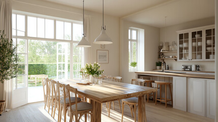 Fototapeta premium bright and airy kitchen with wooden dining table, surrounded by chairs, and large windows letting in natural light. space features plants and cozy atmosphere