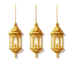 Obraz premium Golden lanterns hanging on the left and right sides of the Ramadan Kareem illustration, vector image with a transparent background.