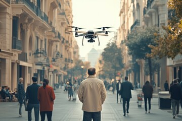 Man observes drone flying above a busy urban street in the late afternoon light during a technology demonstration
