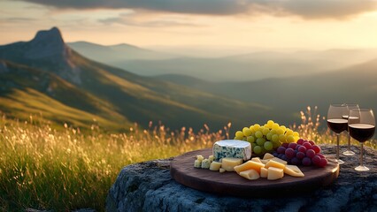 A charcuterie board with cheeses, fruits, and wine on a grassy hilltop