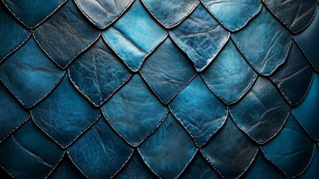 Detailed blue leather texture with a fish scale pattern created by overlapping pieces in a seamless arrangement