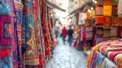 Colorful textile hanging in bustling traditional outdoor market