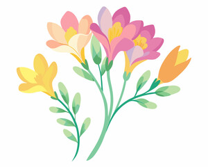 Delicate Watercolor Freesia Illustration with Pink and Yellow Buds in Minimalist Floral Art