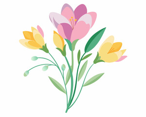 Fototapeta premium Delicate Watercolor Freesia Illustration with Pink and Yellow Buds in Minimalist Floral Art