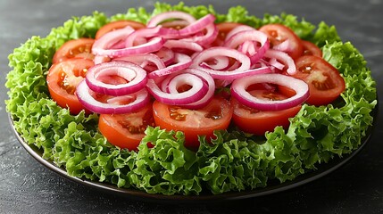 Fresh tomato and red onion salad on a dark plate, garnished with lettuce.