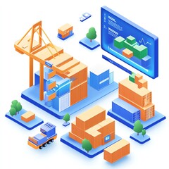 Cargo logistics process, digital documentation on holographic displays, seamless integration with shipping containers, 3D illustration