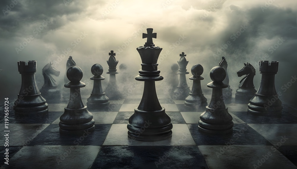 Poster A Mysterious Chessboard Scene with Dark Pieces and Foggy Background, Highlighting Strategy and Tension in an Atmospheric Setting
