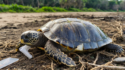 Fototapeta premium A sea turtle entangled in plastic debris on the beach.