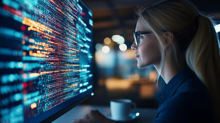 Focused woman working on computer with data visualization on screen, showcasing technology and innovation in modern workspace