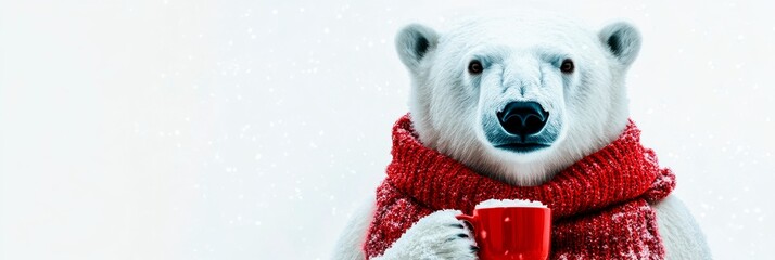 Room for copy. Commercial banner. A polar bear wearing a red scarf and holding a cup of hot cocoa on a snowy white background representing a winter travel campaign.