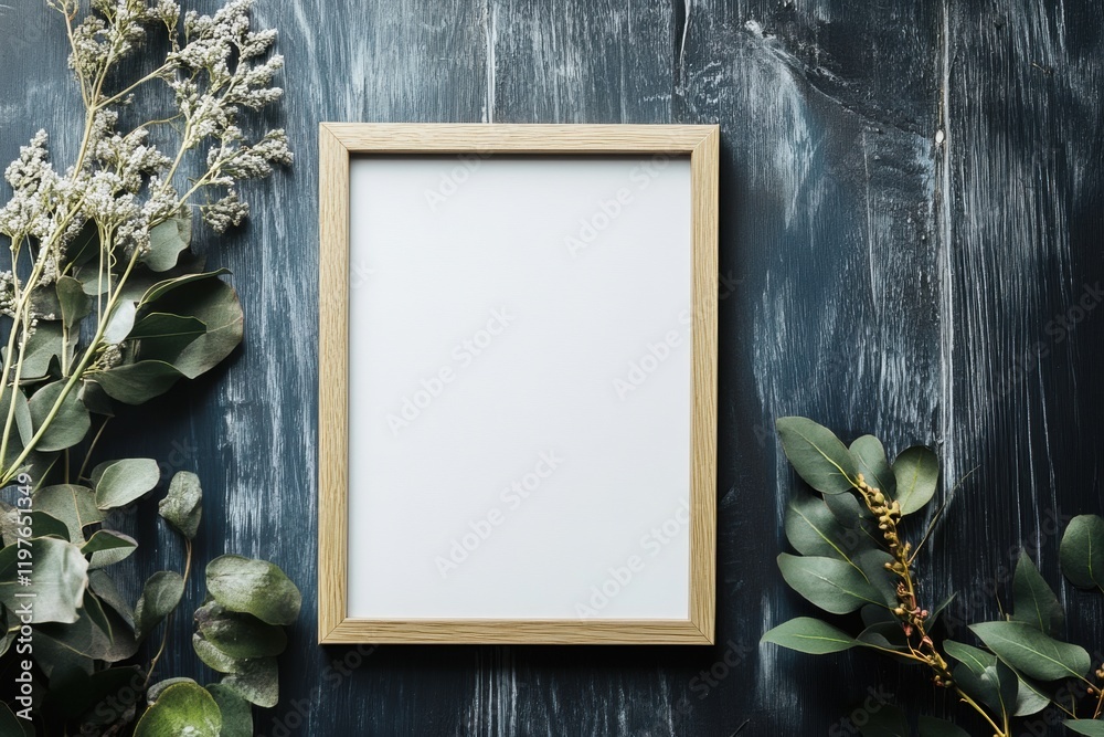 Aufkleber blank wooden frame surrounded by greenery on dark wooden table ready for custom text or design layou
