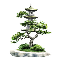 A watercolor clipart of a Japanese pagoda tree bonsai, isolated on a white background. Bonsai vector.
