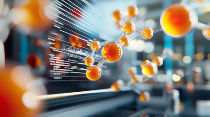 Molecular structure with orange spheres and digital data visualization, representing scientific research and technology in chemistry and biology