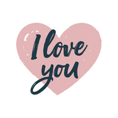 Pink heart illustration with I love you handwritten text in calligraphy style on a white background. Represents love and affection. Valentine's day illustration.