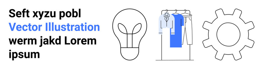 Light bulb icon, clothing rack with hanging garments, and a gearwheel icon next to placeholder text. Ideal for creative design, innovation, fashion, engineering, technology, brainstorming landing