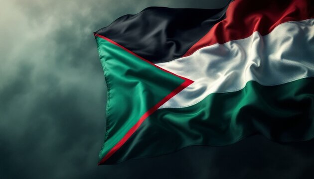 South Sudanese Flag: Dramatic, Waving Fabric in Dark Sky