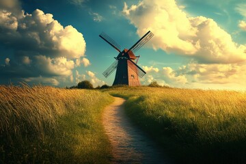 A classic old windmill spinning slowly over a grassy farmland.