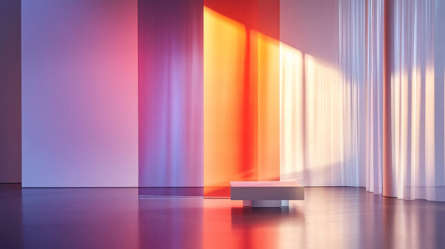 modern interior space featuring colorful light reflections and soft curtains. vibrant hues create serene atmosphere, perfect for relaxation or contemplation